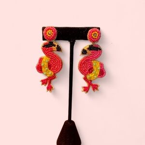 Viola Flamingo Beaded Earrings, Pink & Yellow, 3” x 1”, Colorful, New wi…
